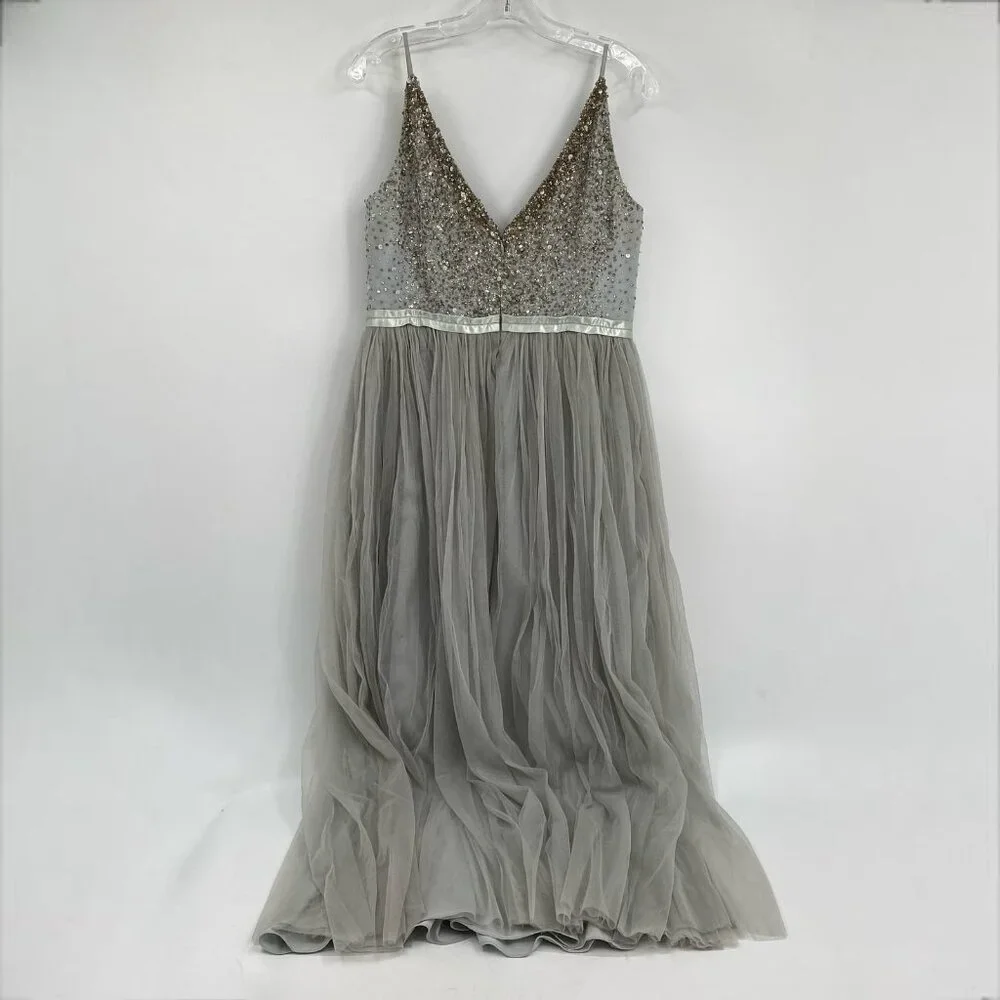 BHLDN Gray Gold Beaded Tulle Maxi Dress | Size 14 - Picture 2 of 12